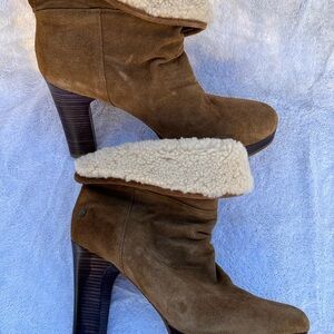 UGG Brown and Cream Heeled Boots with Distressed Leather